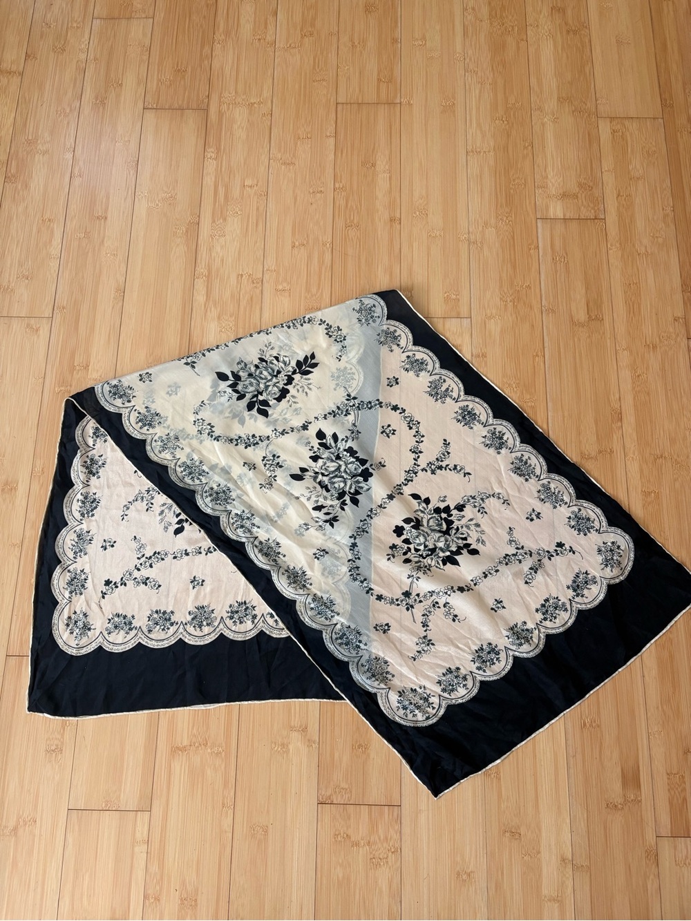 Vintage Silk Floral Scarf in Black and Cream